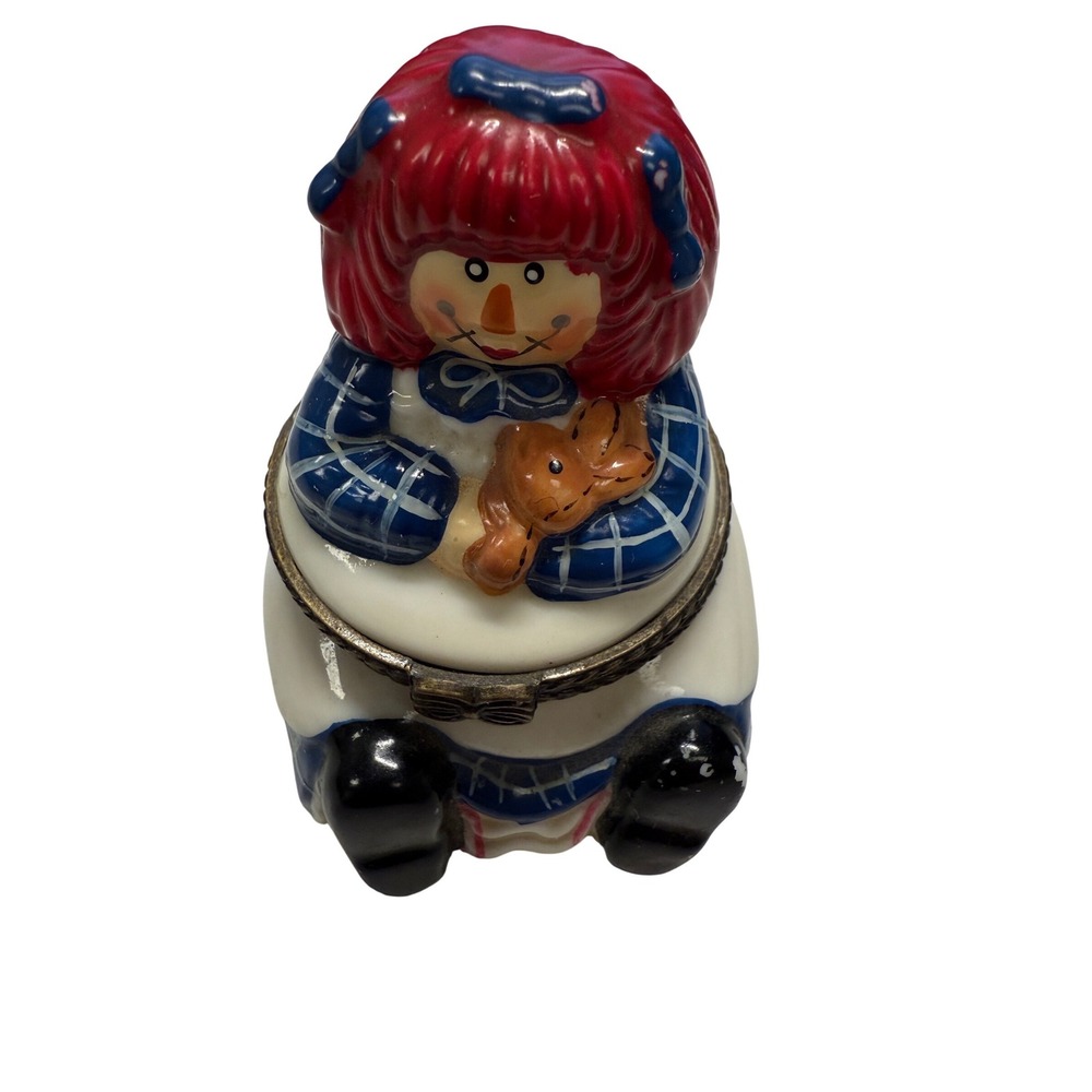 Vintage Raggedy Ann Porcelain Hinged Trinket Box Hand Painted  Bow Tie